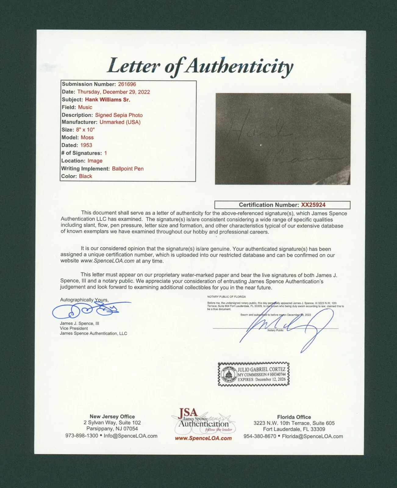 Hank Williams — Hank Williams Sr Signed JSA LOA Autographed 8X10 Photo Autograph Auto COA D:1953, image 4