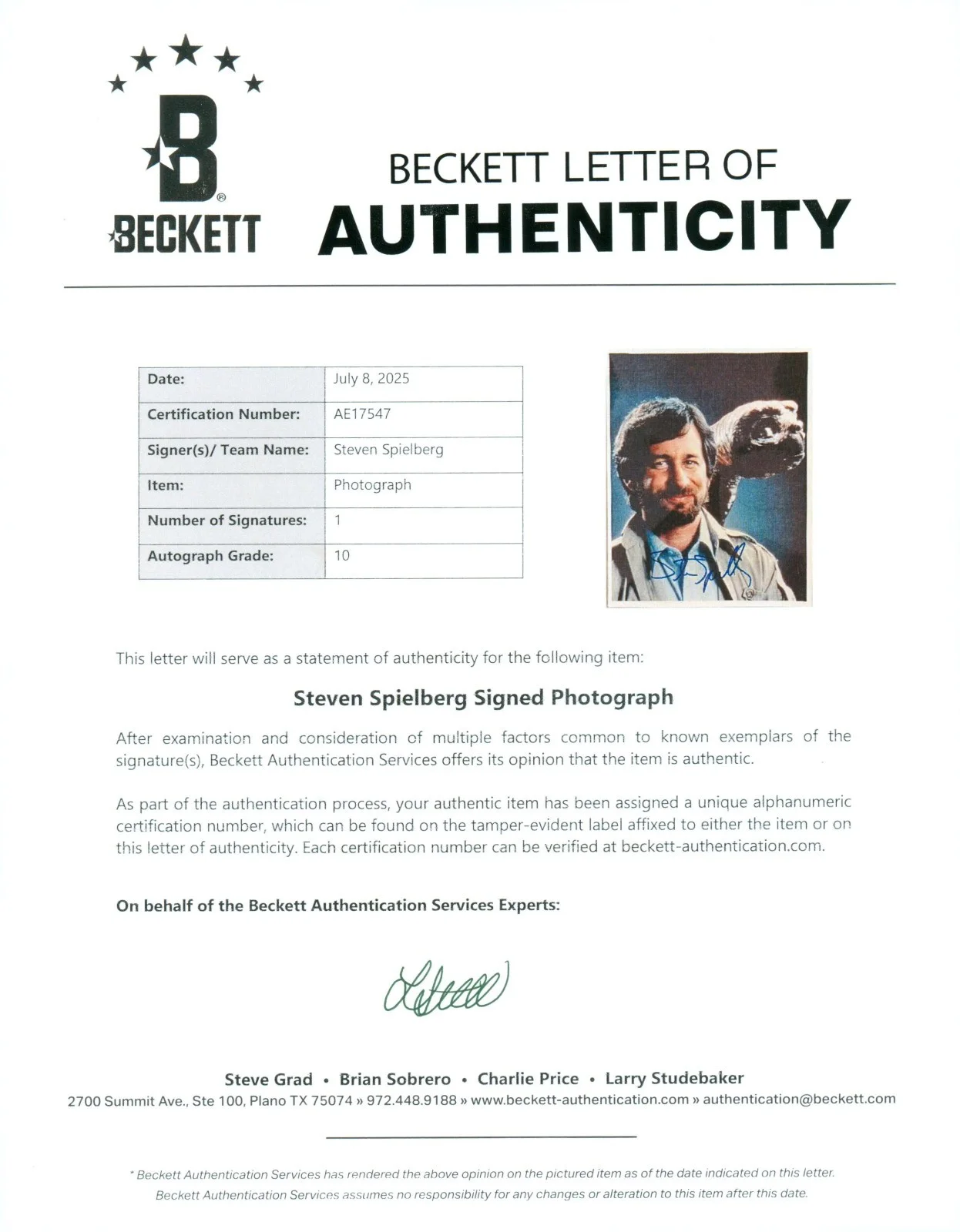 Steven Spielberg — Steven Spielberg Signed BAS LOA COA Autographed 8X10 E.T. Photo Grade 10 Auto, изображение 3