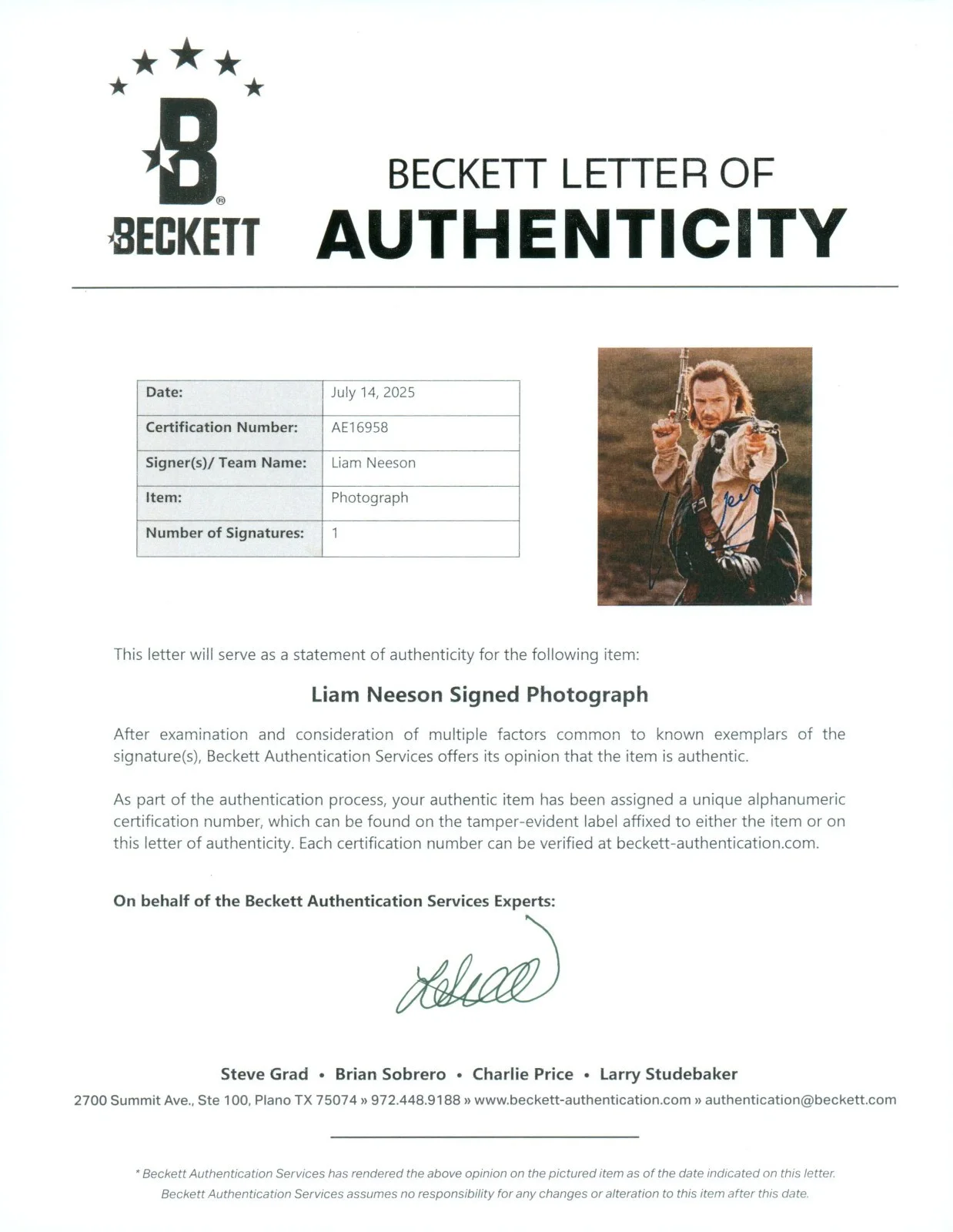 Liam Neeson — Liam Neeson Signed BAS LOA COA Autographed 8X10 Rob Roy Photo Autograph Auto, image 3