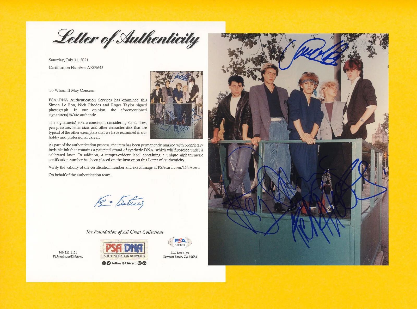 Simon Le Bon, Nick Rhodes & Roger Taylor — Simon Le Bon Nick Rhodes Roger Taylor Signed PSA/DNA LOA 8X10 Duran Duran Photo