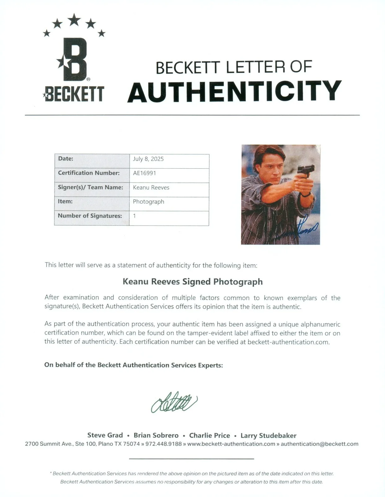 Keanu Reeves — Keanu Reeves Signed BAS LOA COA Autographed 8X10 Point Break Photo Auto Beckett, image 3
