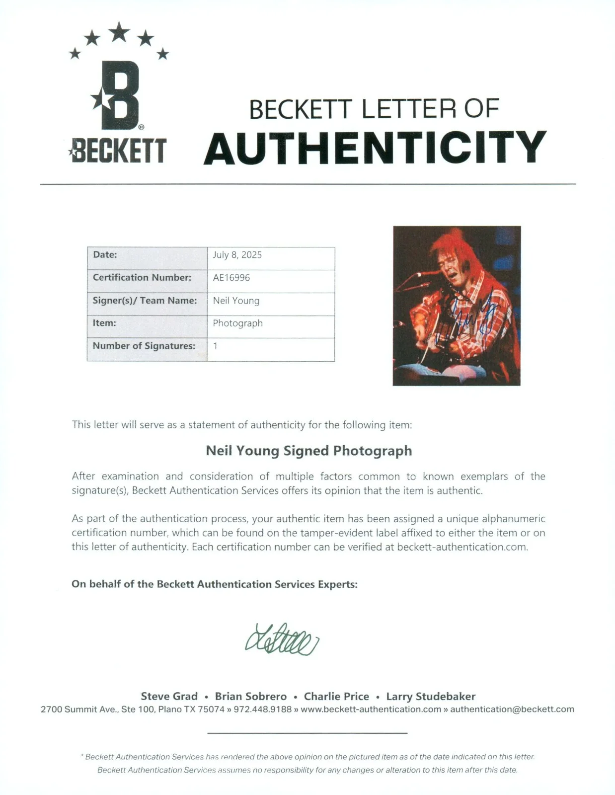Neil Young — Neil Young Signed BAS LOA COA Autographed 8X10 Photo Auto Crosby, Stills, Nash, изображение 3