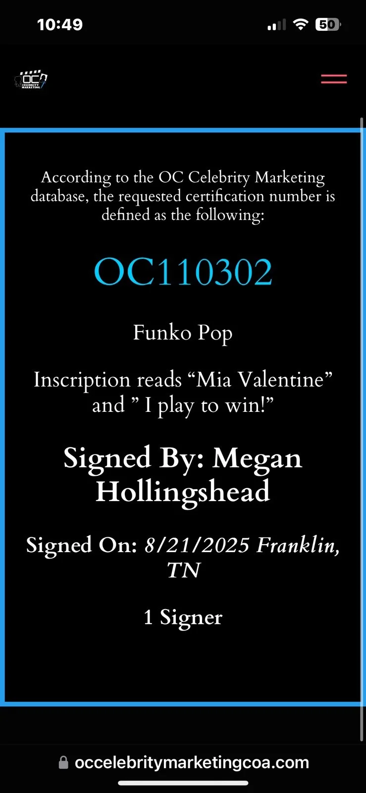Megan Hollingshead — Megan Hollingshead Signed Yu-Gi-Oh Mai Valentine 1060 Inscribed Funko Pop OC Pk, изображение 5