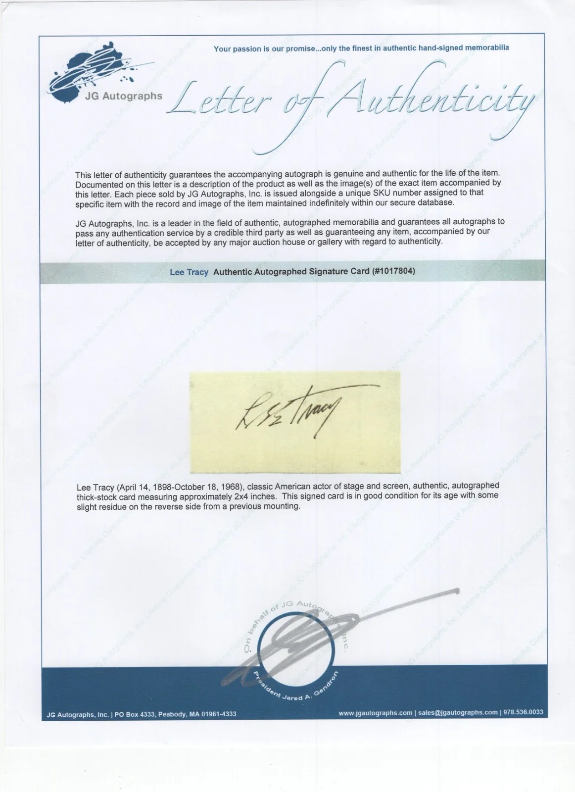 Lee Tracy 1898-1968 Signed Index Card / Autographed Actor The Best Man / COA, изображение 2