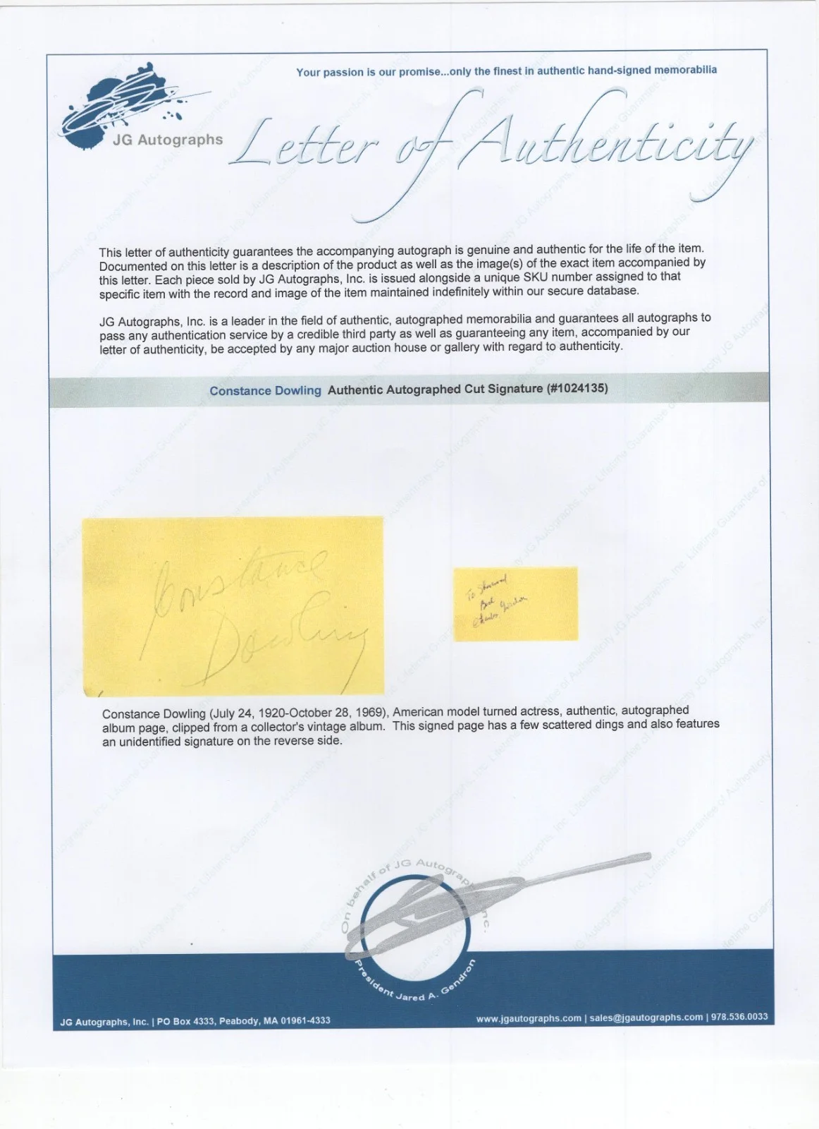 Constance Dowling (1920-1969) Signed Page / Autographed Actress Gog / LSD / COA, image 2