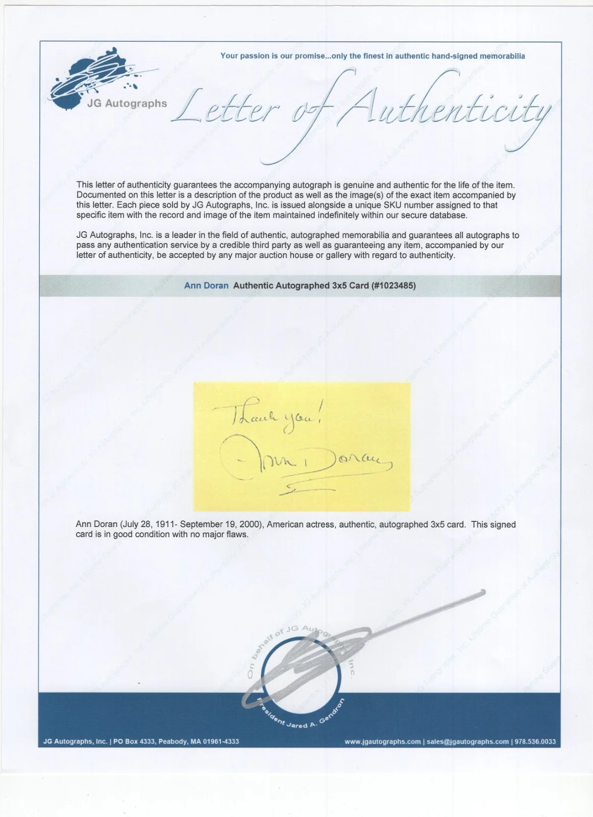 Ann Doran Signed Index Card / Autographed Actress Rebel Without a Cause / COA, изображение 2