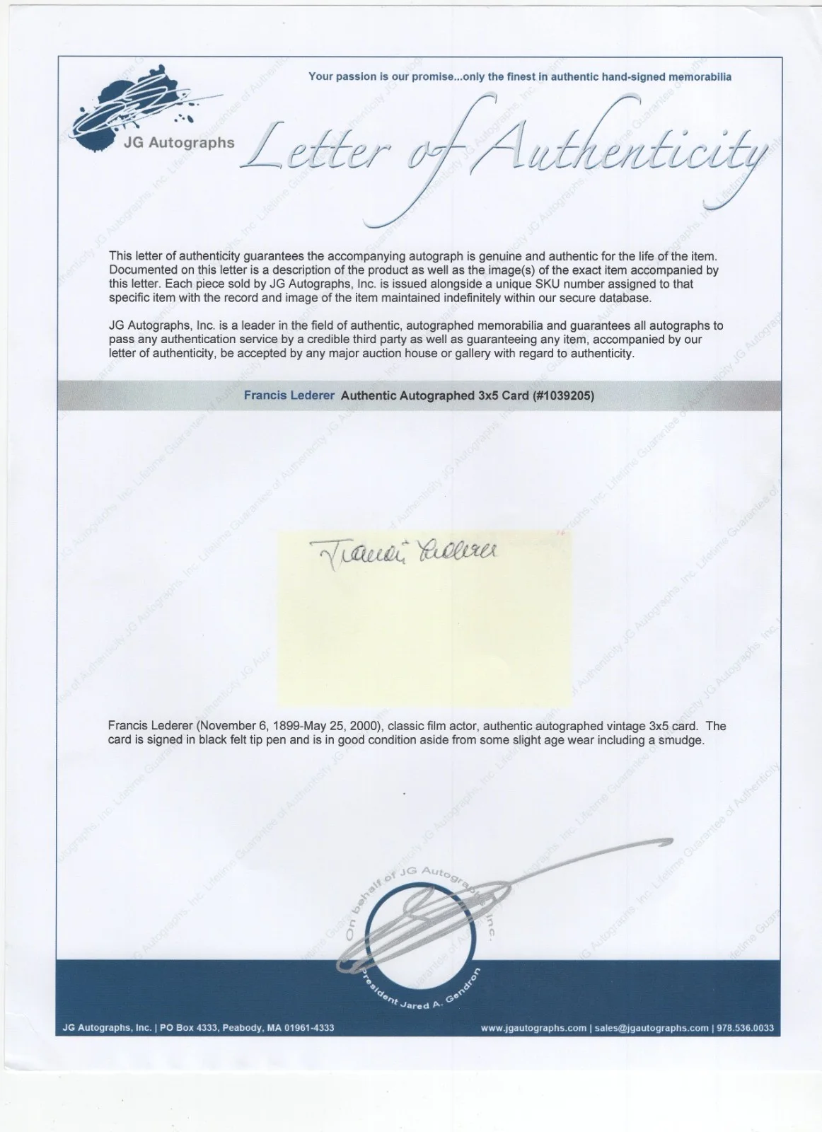 Francis Lederer Signed Index Card / Autographed Actor The Return of Dracula/ COA, image 2