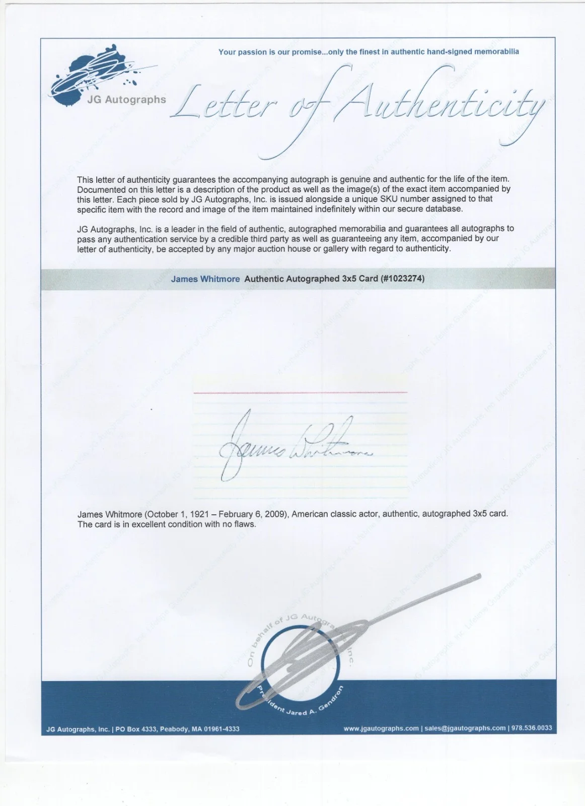 James Whitmore Signed Index Card / Autographed Actor Planet of the Apes / COA, изображение 2