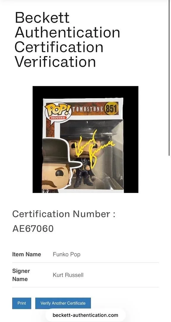 Kurt Russell — Kurt Russell Signed Funko #851 Wyatt Earp Tombstone (Yellow Ink)-Beckett LOA, изображение 5