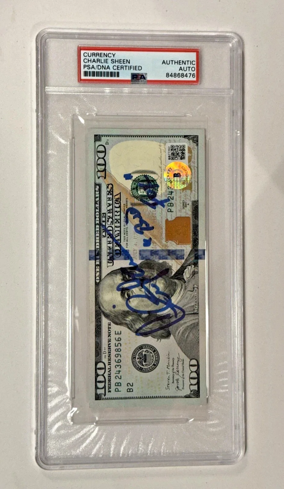 tommy chong — CHARLIE SHEEN Signed REAL $100 Bill Currency BUD FOX Inscr PSA/DNA encapsulated, изображение 3