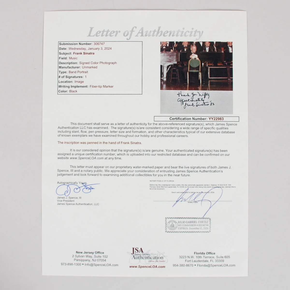 Frank Sinatra Signed Photo - COA JSA, image 4