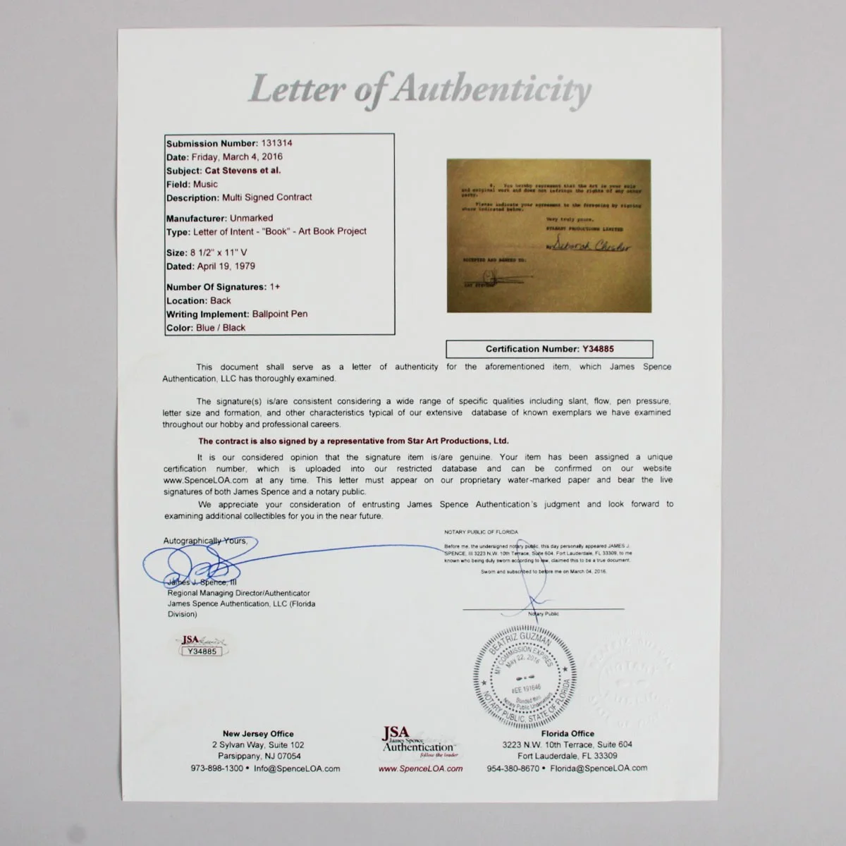 Cat Stevens Signed Contract - COA JSA, изображение 5