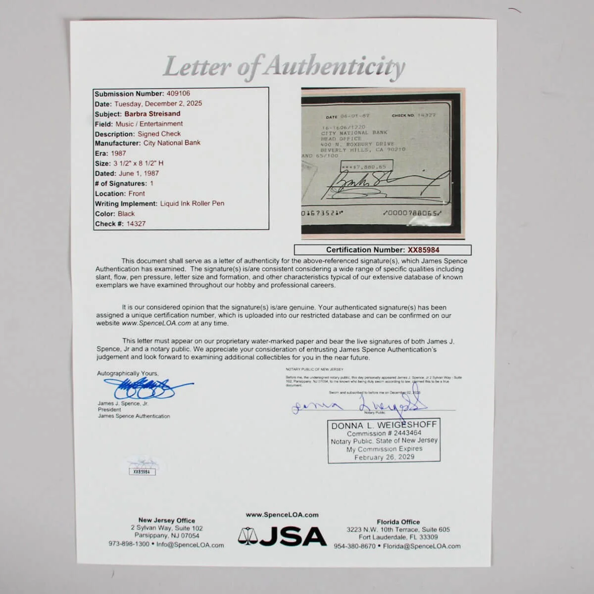 Barbra Streisand Signed Check Display - COA JSA, image 5