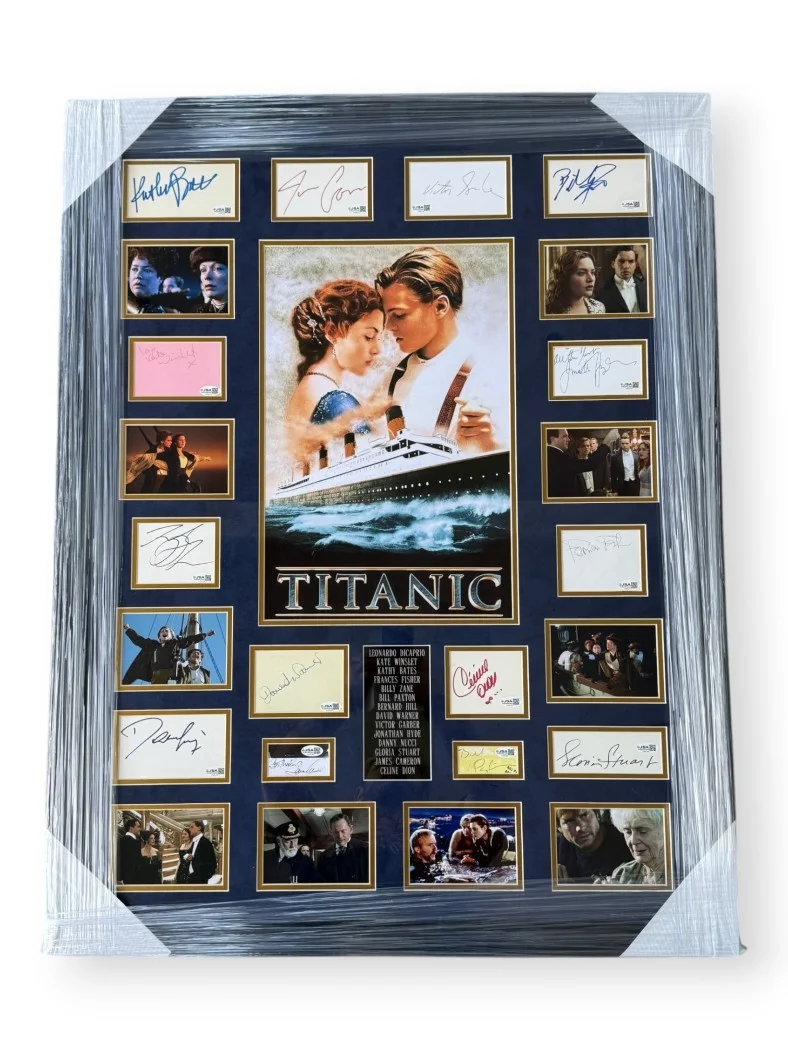 Leonardo DiCaprio, Kate Winslet, Kathy Bates, Frances Fisher — Titanic Signed Cast Cuts Leonardo DiCaprio Kathy Bates Billy Zane +11 Framed JSA