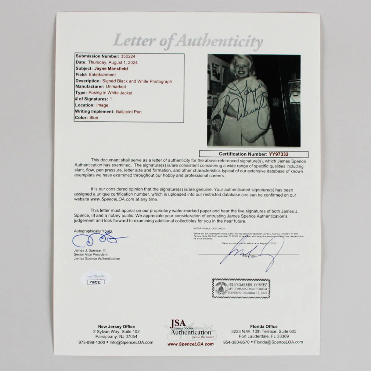 Jayne Mansfield Signed Orignal Photo 3.5 x 3.5 - COA JSA, image 3