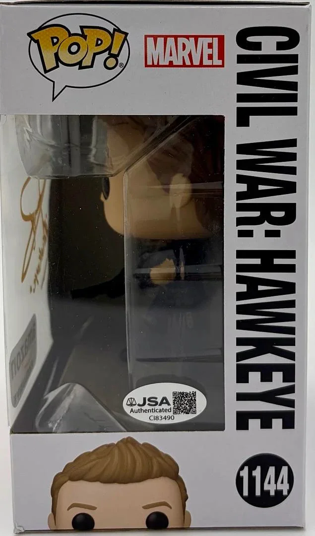 Jeremy Renner — Jeremy Renner Signed "Hawkeye" Funko #1144 (Civil War) w/character name-JSA COA, image 3