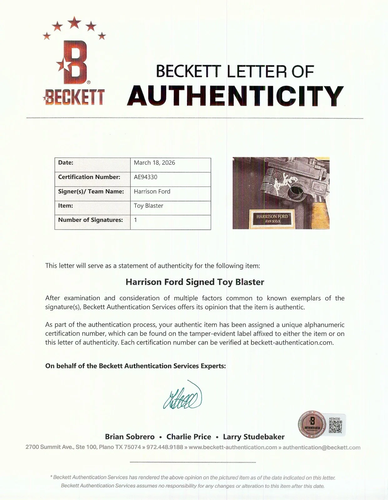 Harrison Ford — Harrison Ford Signed Replica Blasto Gun in "Star Wars" Shadowbox Display (BAS), image 3