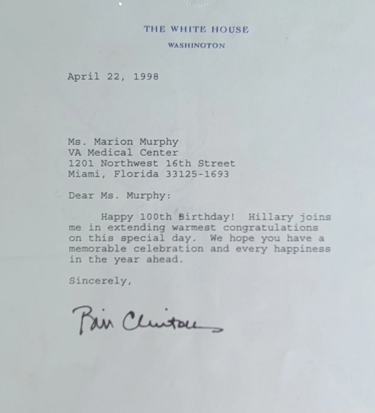William Jefferson Clinton — Bill Clinton Autograph - White House Letter – Birthday Message – Framed –, image 3