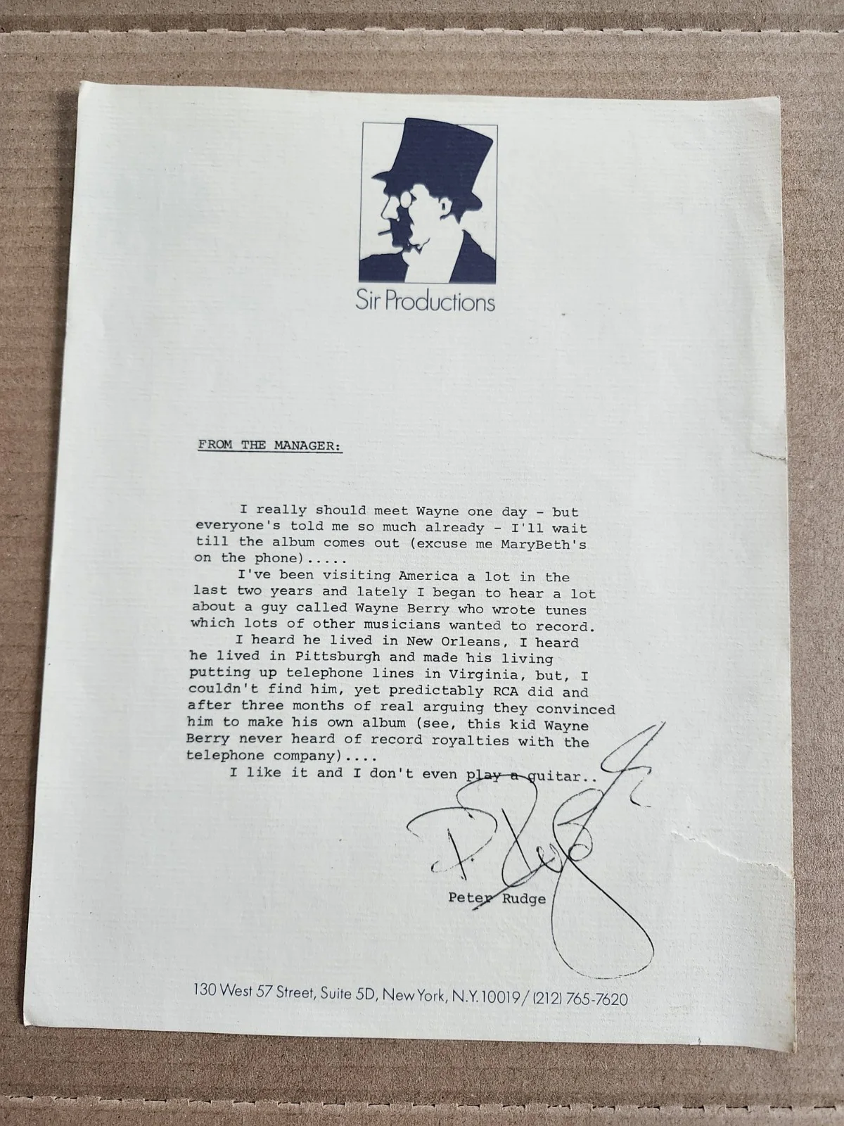 Letter from Peter Rudge inquiry about Wayne Berry Signed on Letterhead photo, image 2