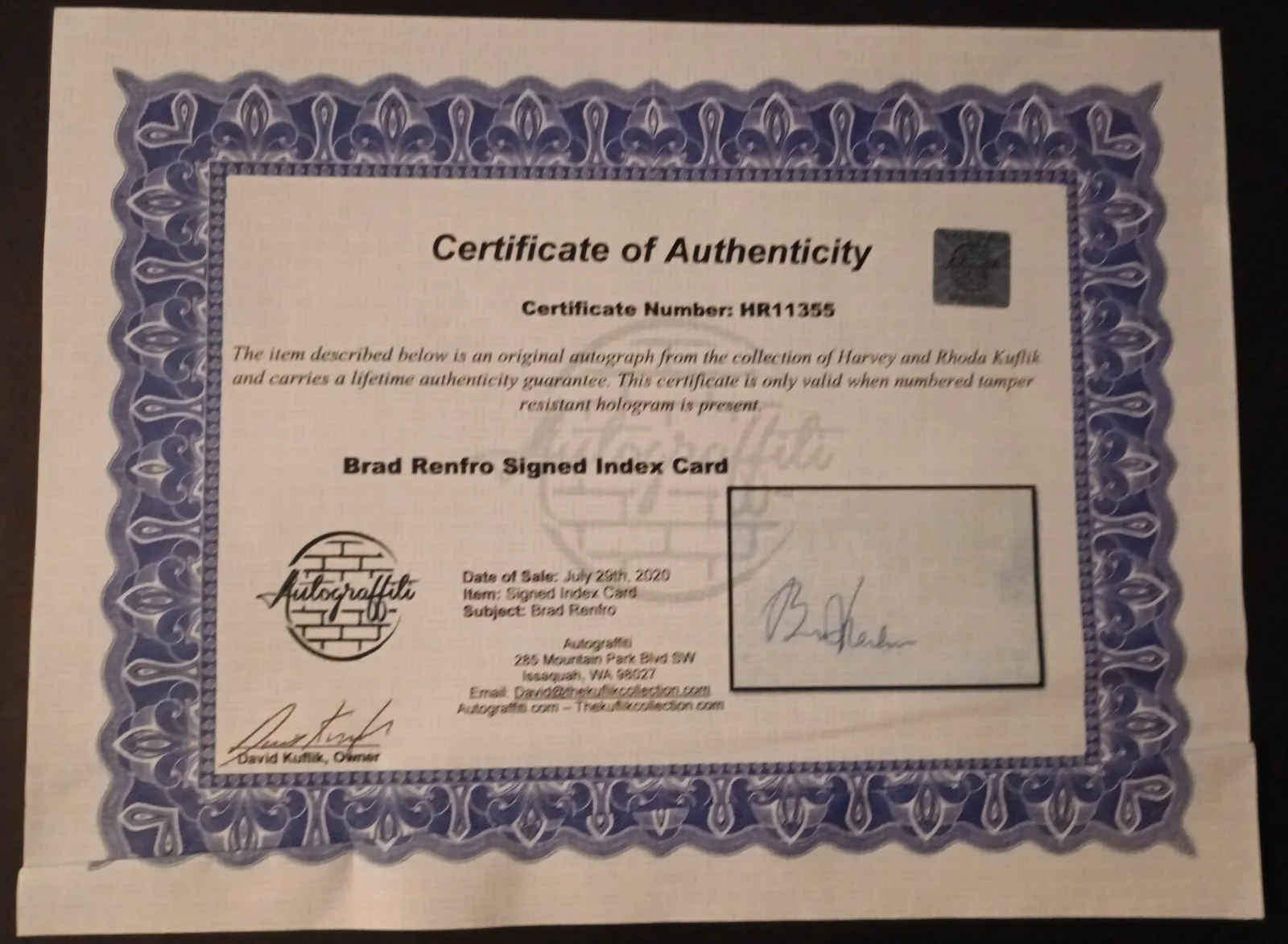 BRAD RENFRO Signed Index Card + COA, image 2