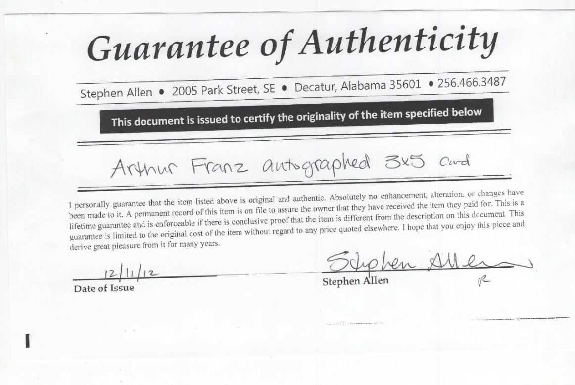 Arthur Franz Signed Card / Autographed Actor The Atomic Submarine / COA, изображение 2