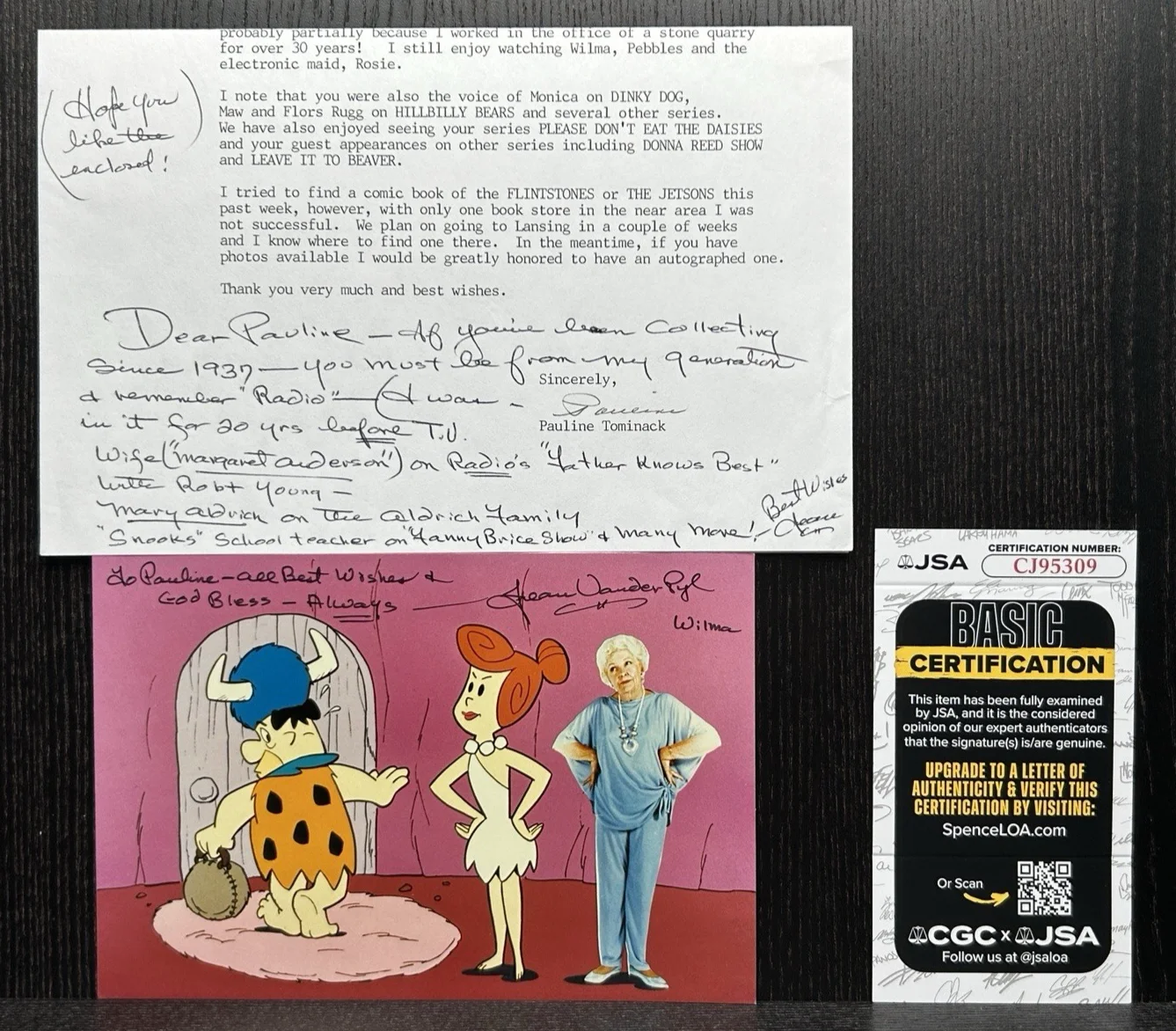 Jean Vander Pyl — JEAN VANDER PYL ORIGINAL SIGNED PHOTO & NOTE Autograph JSA COA Wilma Flintstones