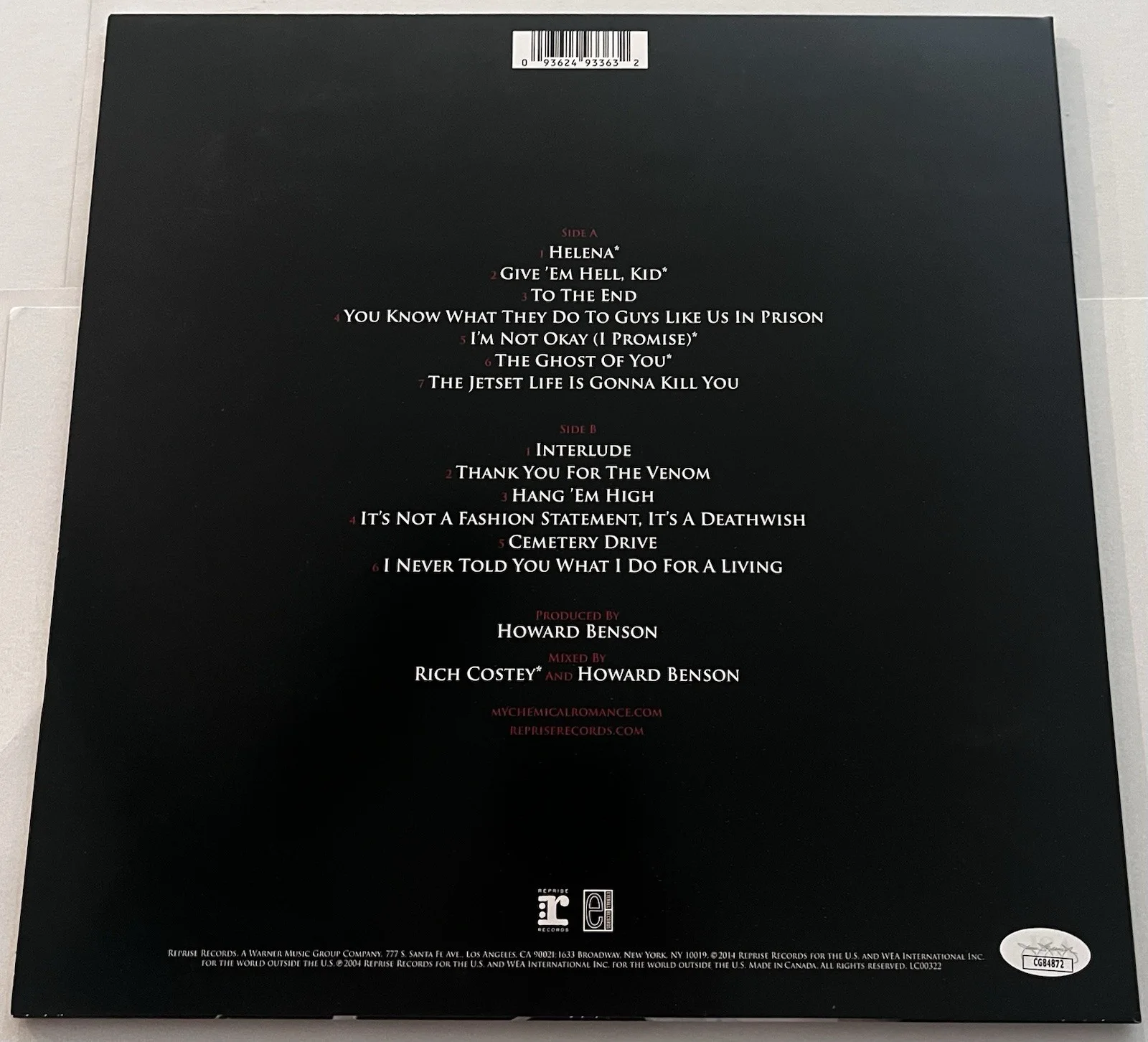 MY CHEMICAL ROMANCE SIGNED 3 CHEERS FOR SWEET REVENGE LP VINYL RECORD ALBUM JSA, изображение 4