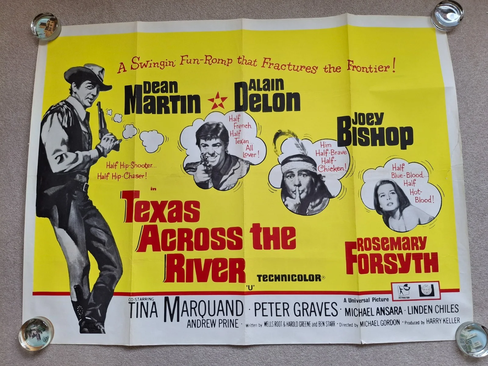 TEXAS ACROSS THE RIVER Rare Original UK Cinema Movie Film Quad Poster, изображение 2