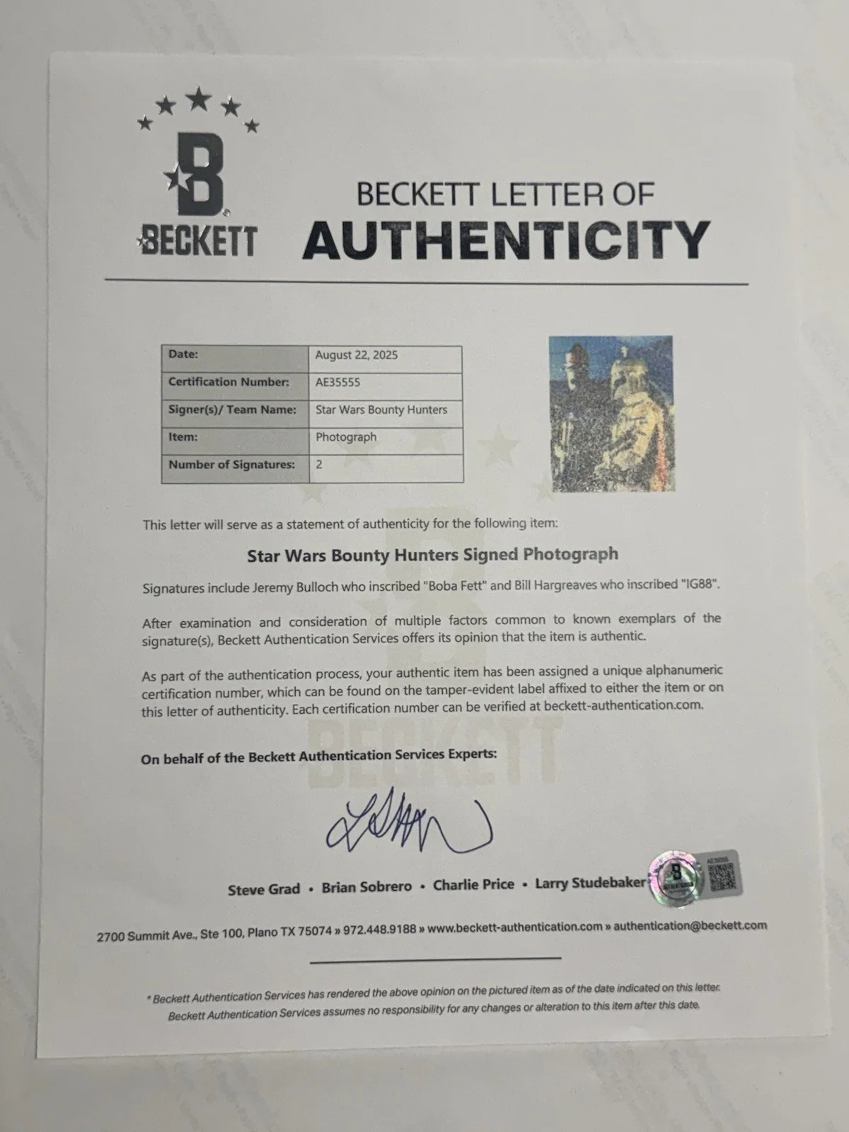 Jeremy Bulloch Bill Hargreaves Signed Autograph Beckett BAS LOA JSA 16x20 IG88, изображение 2