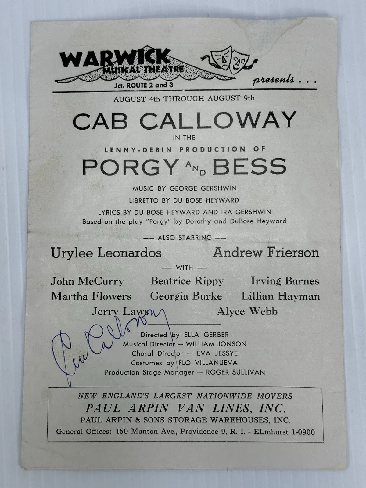 Cab Calloway — VTG Cab Calloway Autograph Signed Porgy & Bess Playbill Warwick Musical Theatre