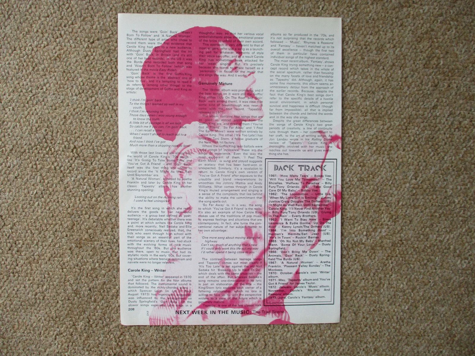 Carole King - 3 page magazine article with colour and B/W pics, image 2