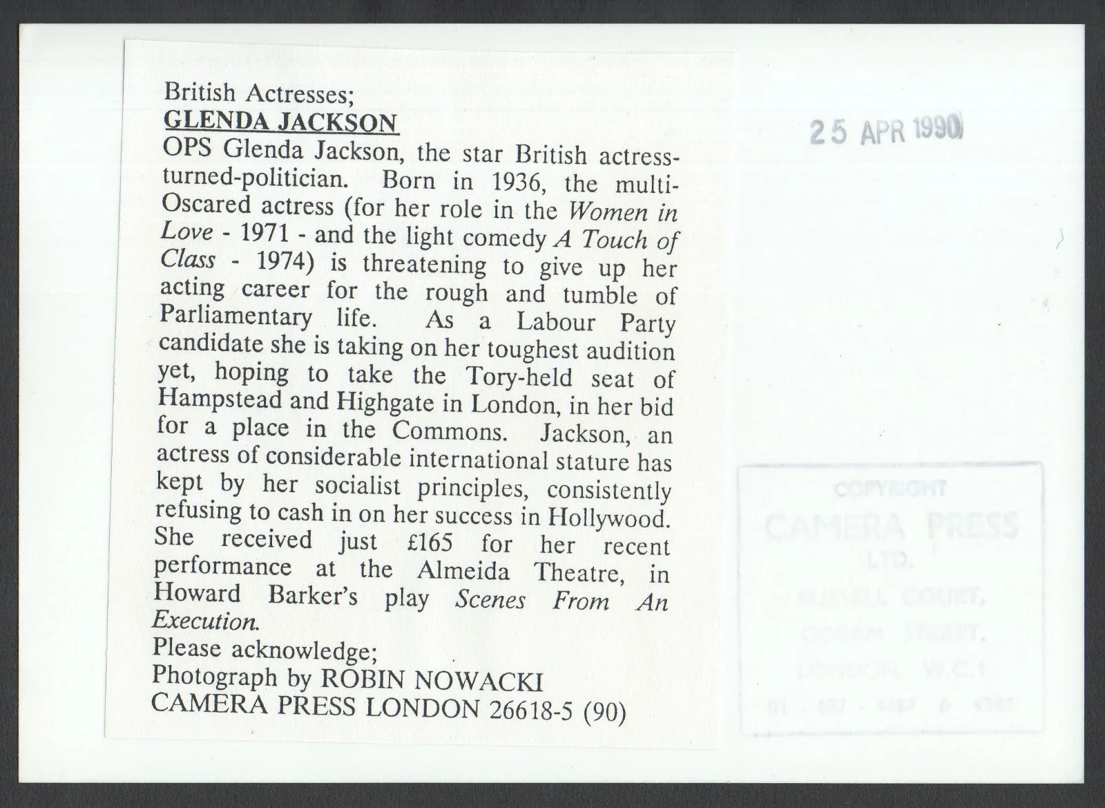 GLENDA JACKSON 1990 Robin Nowacki Camera Press GALACTIA PORTRAIT, изображение 2
