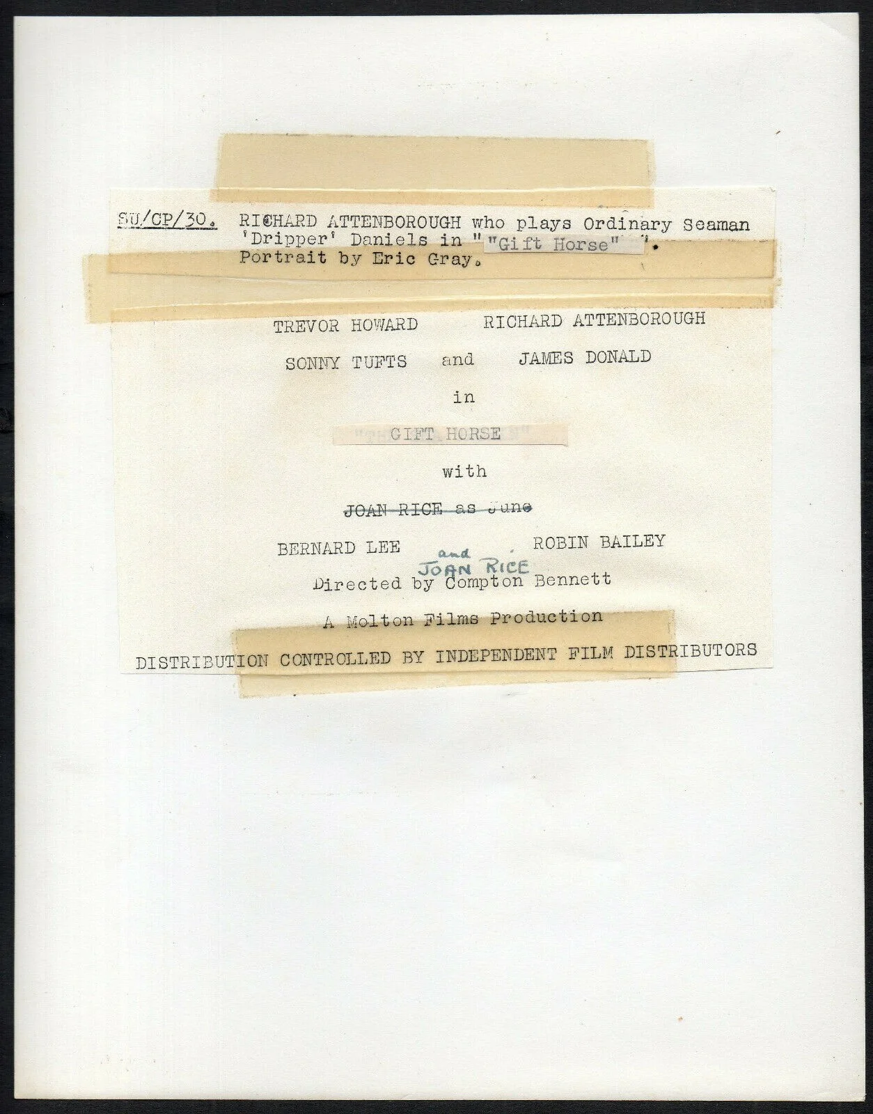 GIFT HORSE 1952 Richard Attenborough ERIC GRAY King’s Regulations 10x8 PORTRAIT, image 2