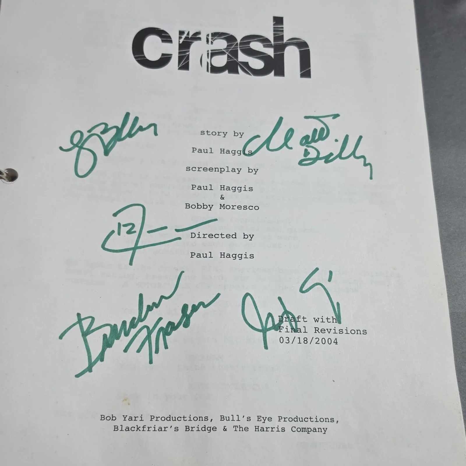 Cast x5 — Crash Original Movie Script Signed by Cast x5 with Certificate of Authenticity, image 2