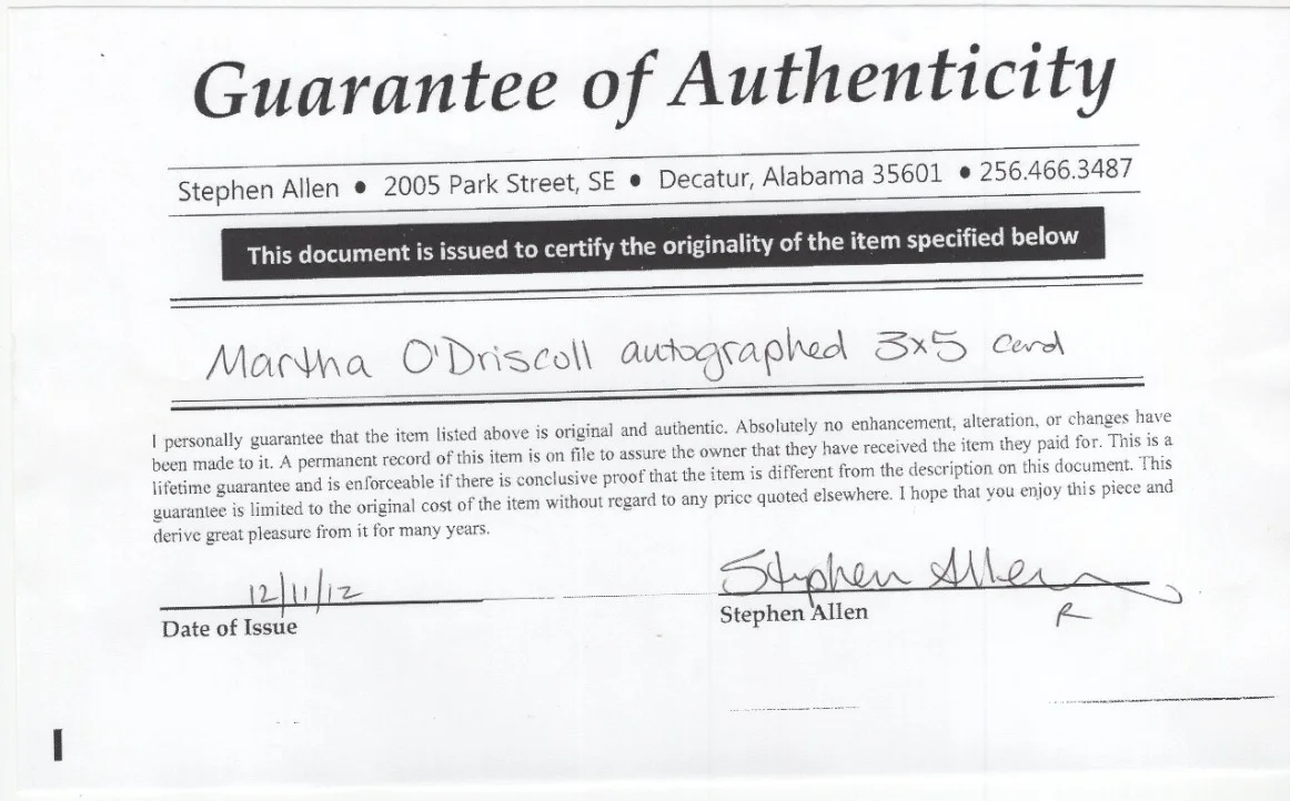 Martha O'Driscoll Signed Card / Autographed Actress / COA, image 2