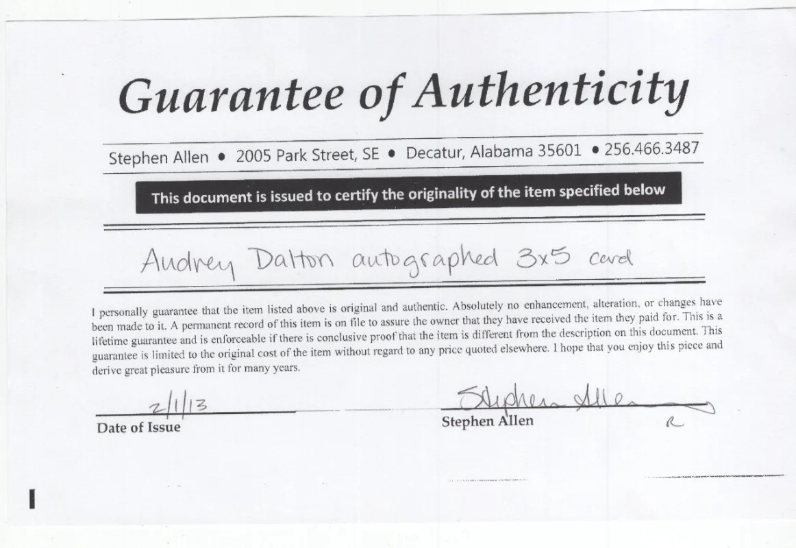 Audrey Dalton Signed Card / Autographed Actress / COA, image 2