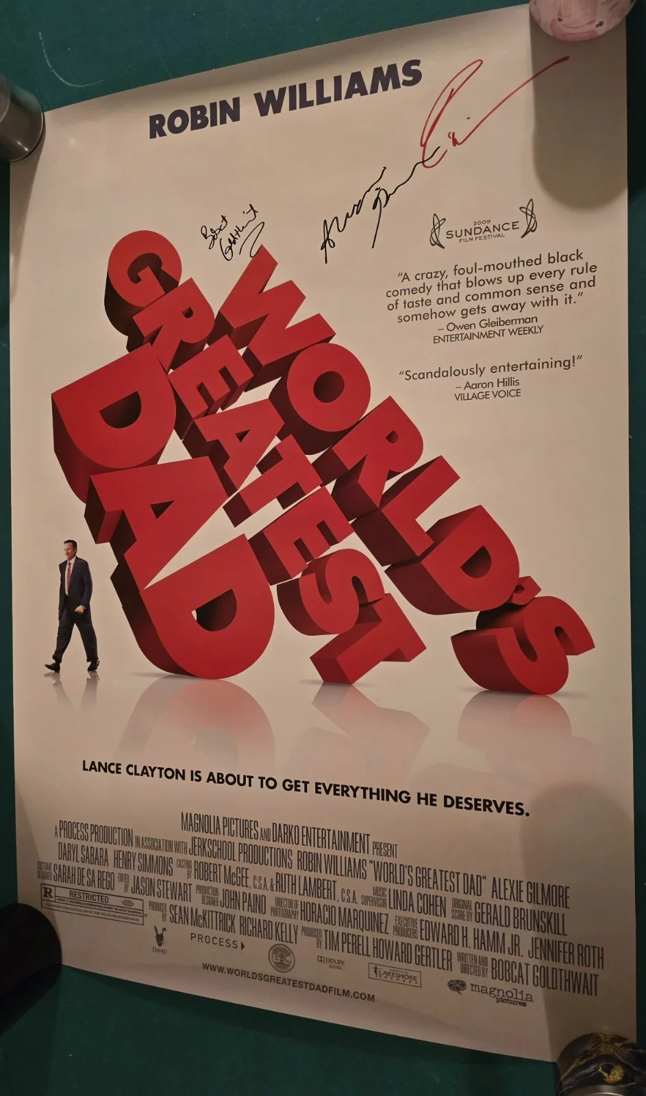 Robin Williams, Alexie Gilmore, & Bobcat Goldthwait — Robin Williams & 2 more Signed 27x40 Original Poster Worlds Greatest Dad