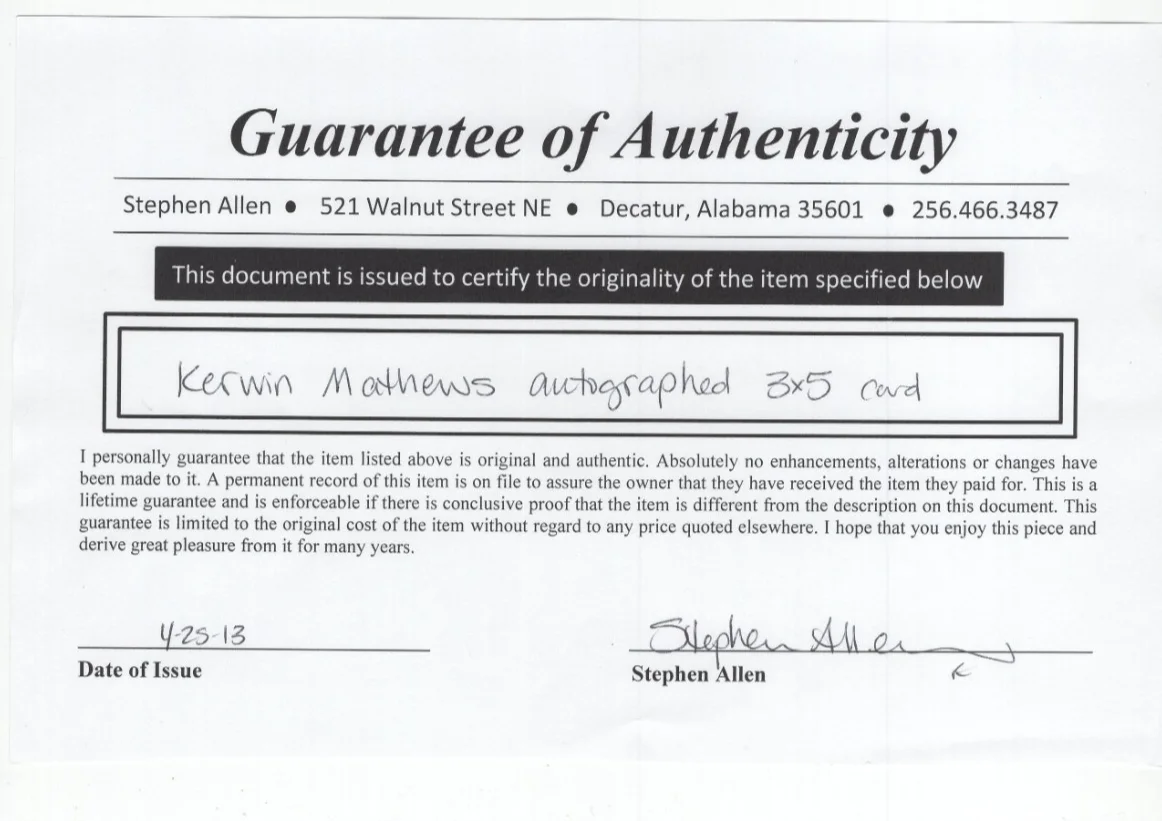 Kerwin Matthews Signed Card / Autographed Actor / COA, image 2