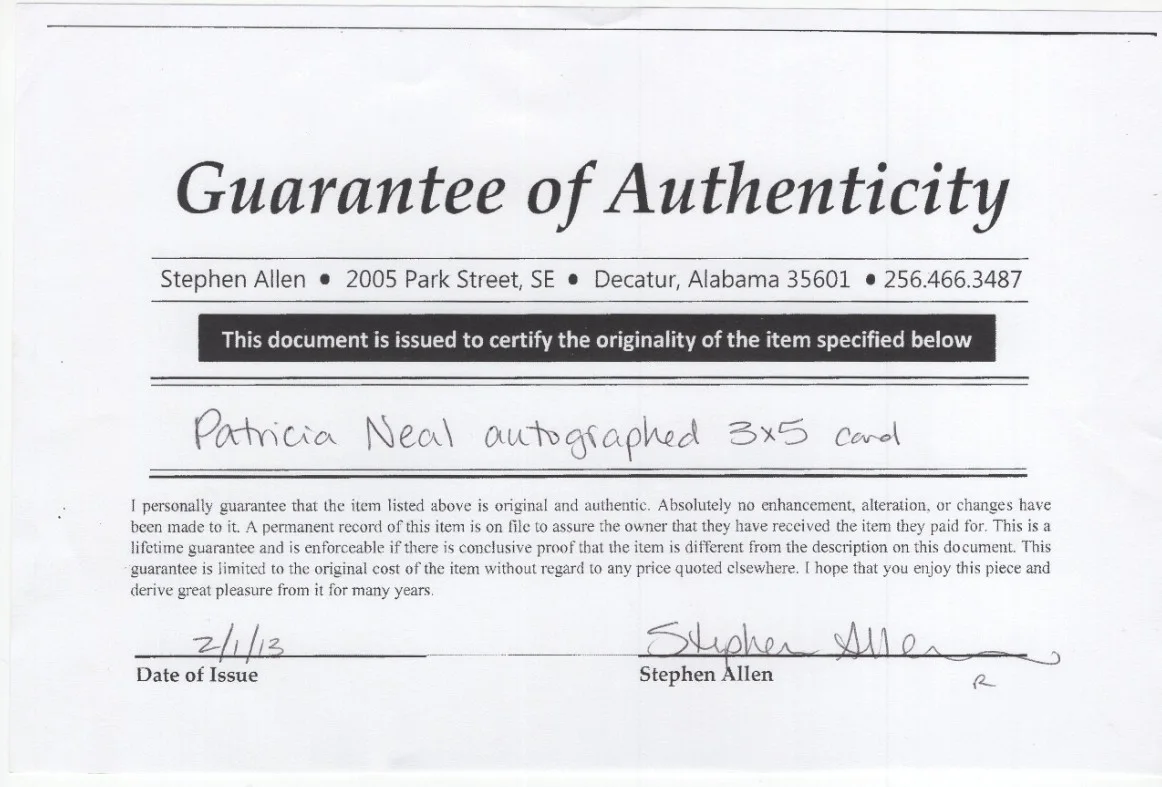 Patricia Neal Signed Card / Autographed Actor Day the Earth Stood Still / COA, изображение 2