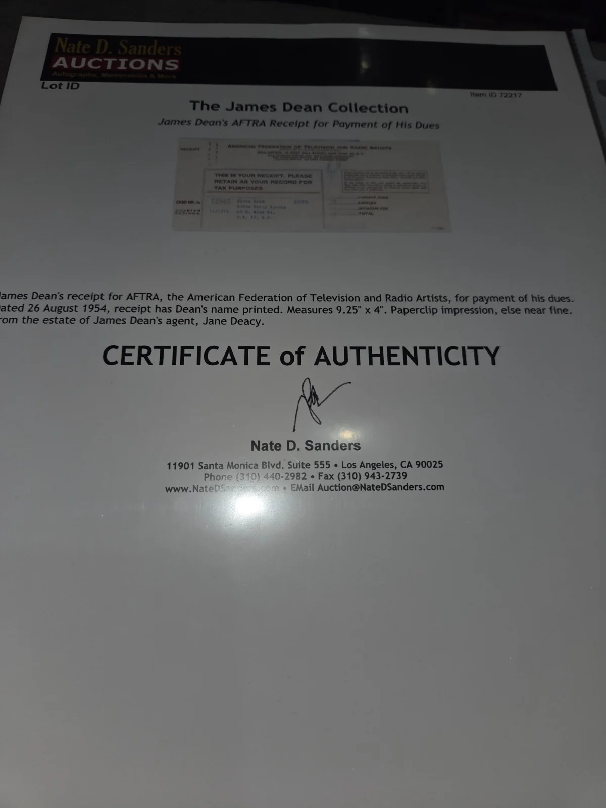 James Dean's SAG/Aftra Receipt from his Agent Jane Daecy from N. Sanders, изображение 2
