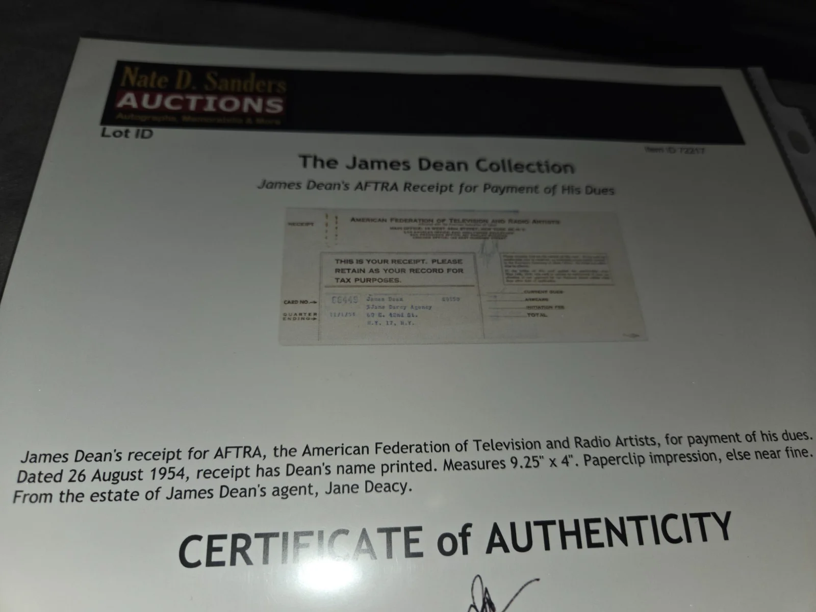 James Dean's SAG/Aftra Receipt from his Agent Jane Daecy from N. Sanders, изображение 3