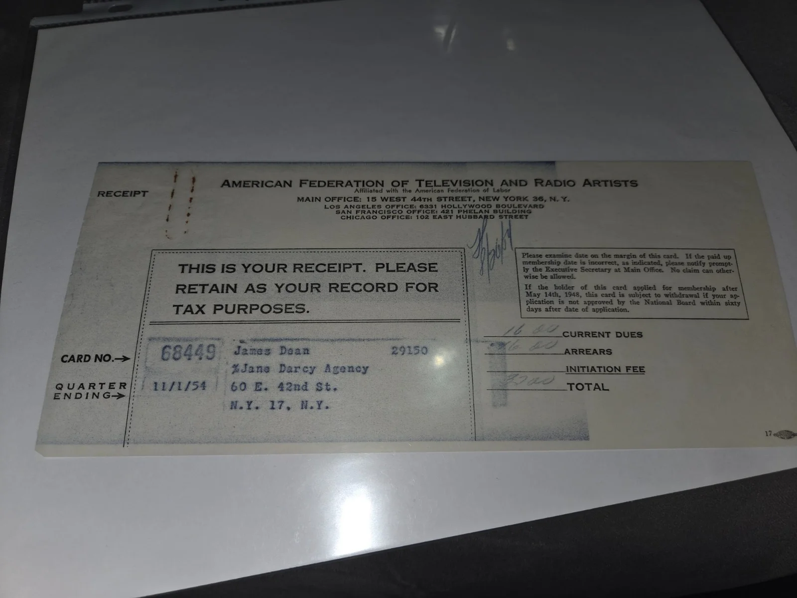 James Dean's SAG/Aftra Receipt from his Agent Jane Daecy from N. Sanders, изображение 4