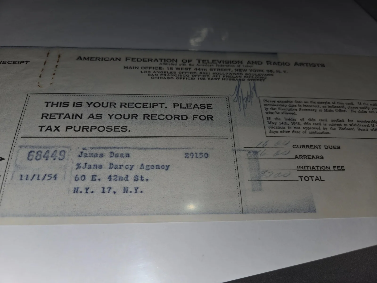 James Dean's SAG/Aftra Receipt from his Agent Jane Daecy from N. Sanders, изображение 5