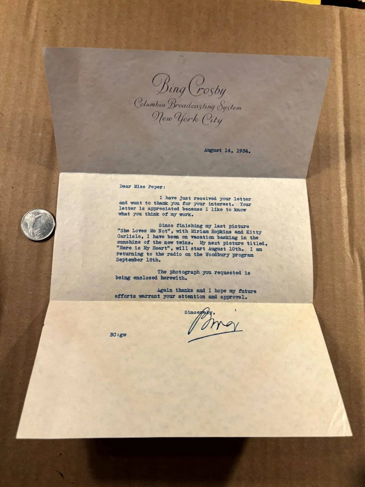Bing Crosby Rare Very Early Autographed Letter From 1934 Here Is My Heart, изображение 2