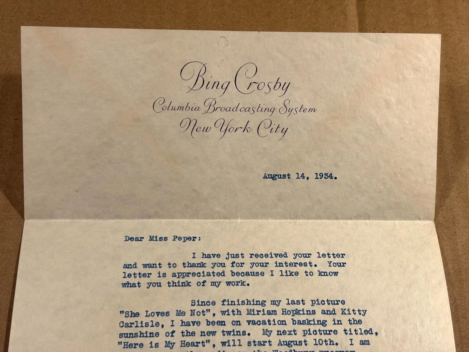 Bing Crosby Rare Very Early Autographed Letter From 1934 Here Is My Heart, изображение 3