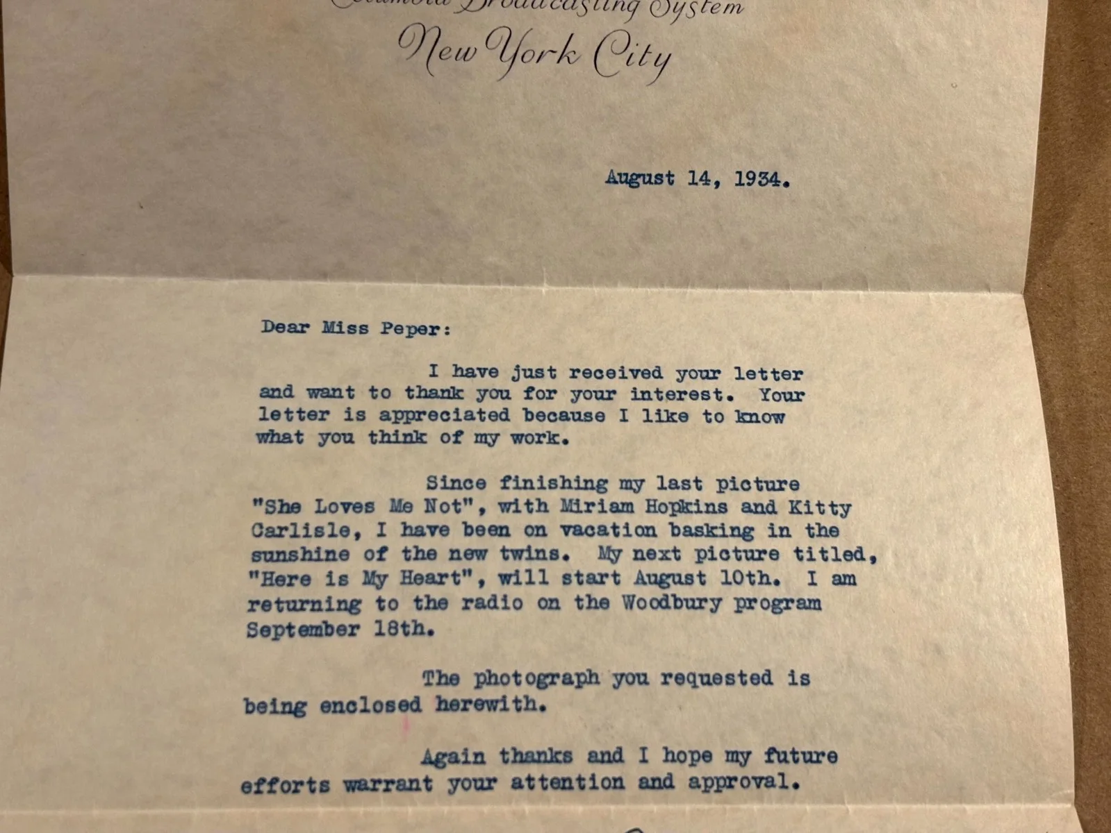 Bing Crosby Rare Very Early Autographed Letter From 1934 Here Is My Heart, изображение 4