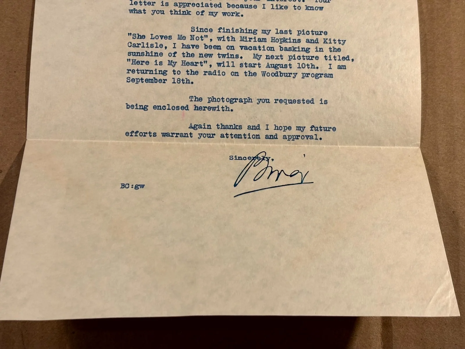Bing Crosby Rare Very Early Autographed Letter From 1934 Here Is My Heart, изображение 5