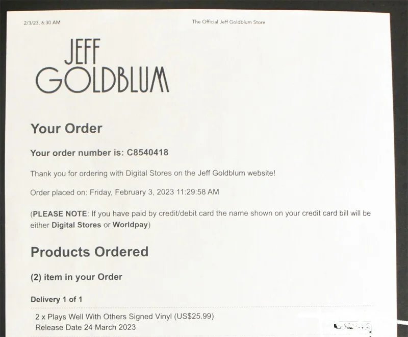 JEFF GOLDBLUM SIGNED Vinyl Album Insert "Plays Well With Others" (Jurassic Park), изображение 4