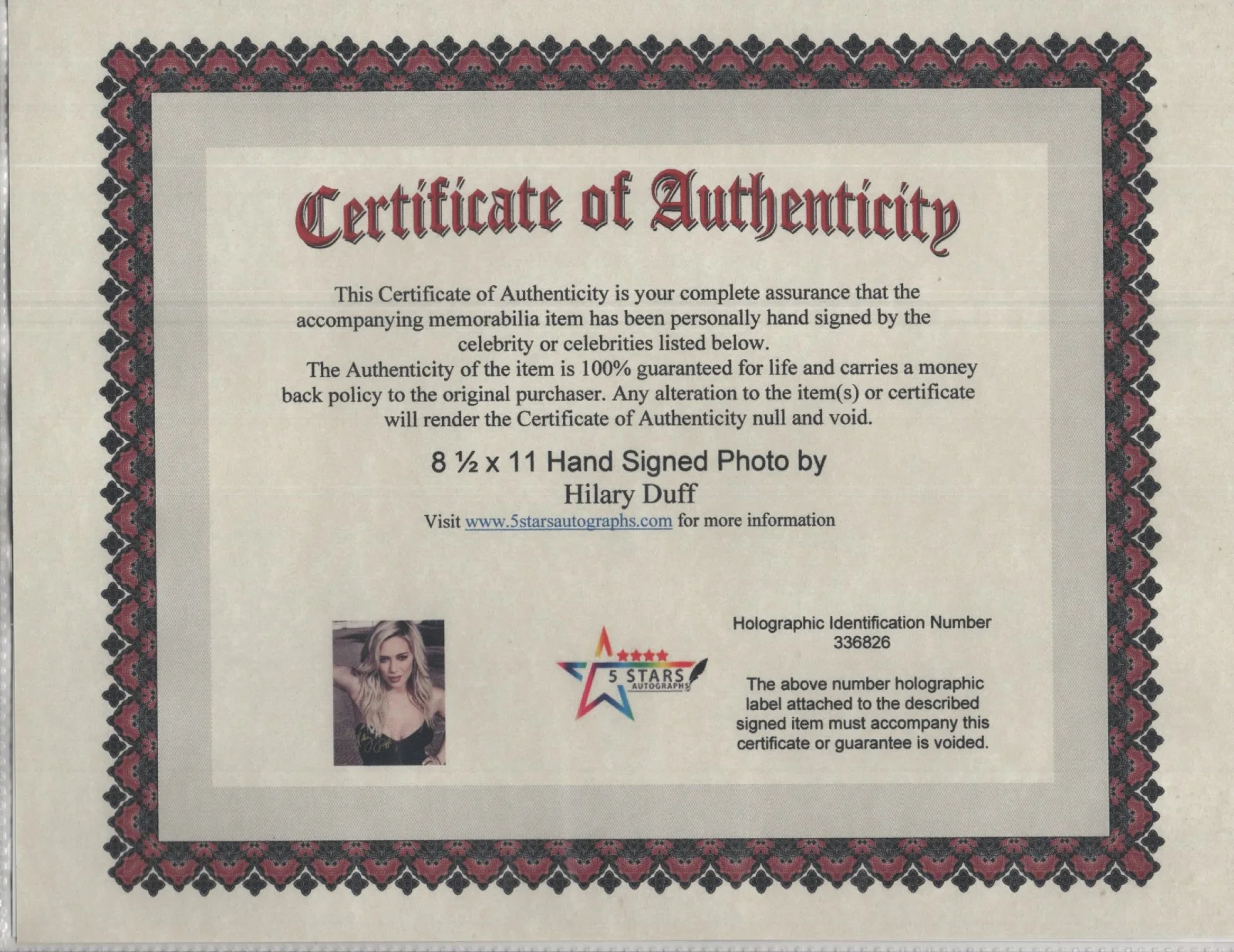 HILARY DUFF AUTOGRAPHED 8 1/2 X 11 COLOR PHOTO / COA, image 2