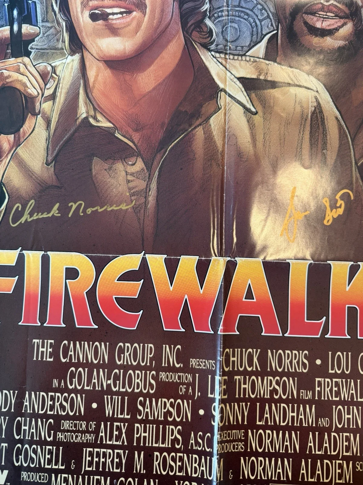 Original Firewalker Poster Signed By Chuck Norris And Lou Gosset Jr Beckett COA, image 2